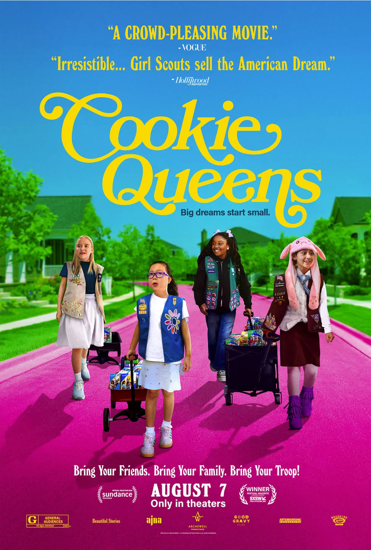 Poster for 'Cookie Queens' featuring four Girl Scouts walking down a pink path