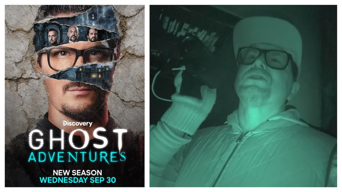 Key art for 'Ghost Adventures' next to a night-vision images of Zak Bagans holding a camera