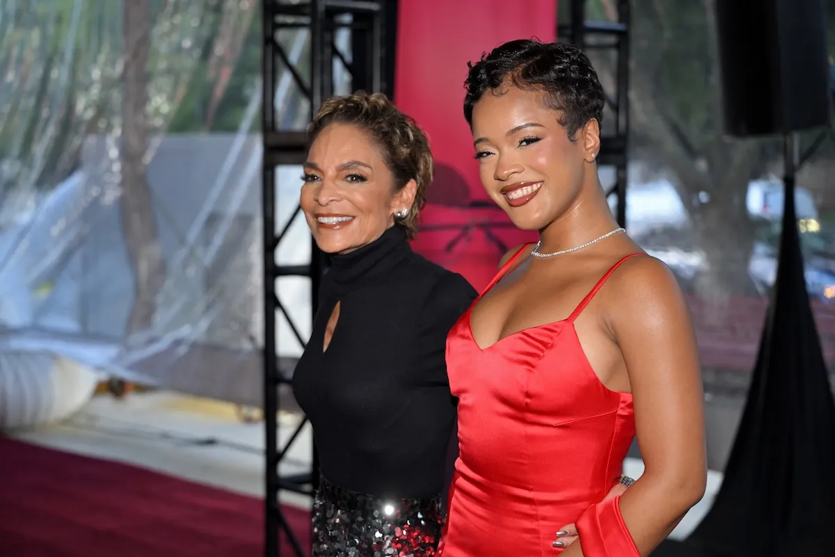 Smiling Jasmine Guy and Maleah Joi Moon pose for a photo at the premiere of 'A Different World'