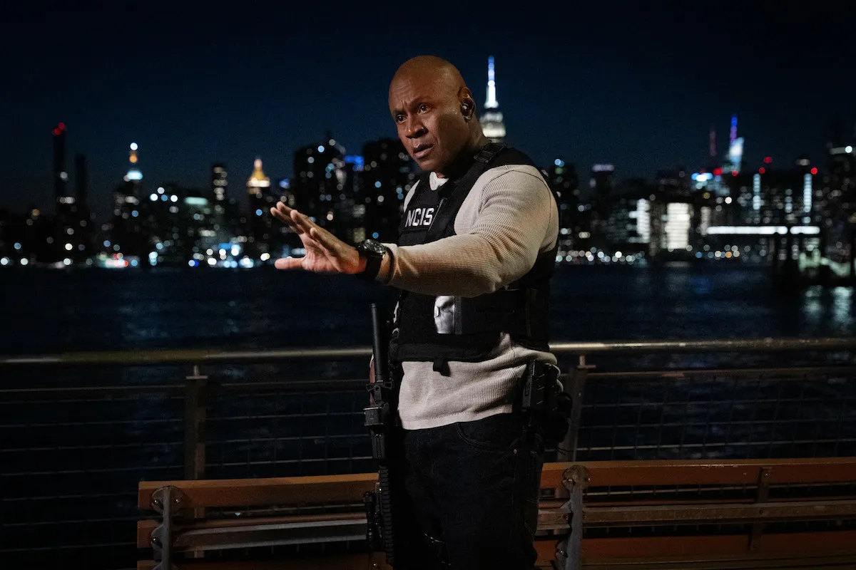 LL Cool J with the Manhattan skyline at night in the background in 'NCIS: New York'