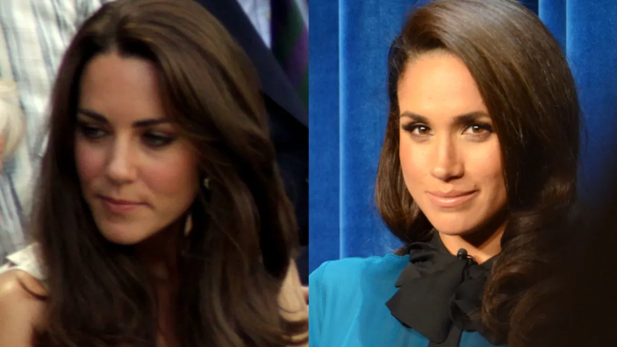 Meghan Markle’s silence could have everything to do with Kate Middleton. (Image Credit: (L) Genevievederivative work: Firebrace, CC BY 2.0, via Wikimedia Commons, (R) File:Duke and Duchess of Cambridge at 2011 Wimbledon.jpg: anonlinegreenworldderivative work: Minerva97, CC BY-SA 2.0, via Wikimedia Commons)