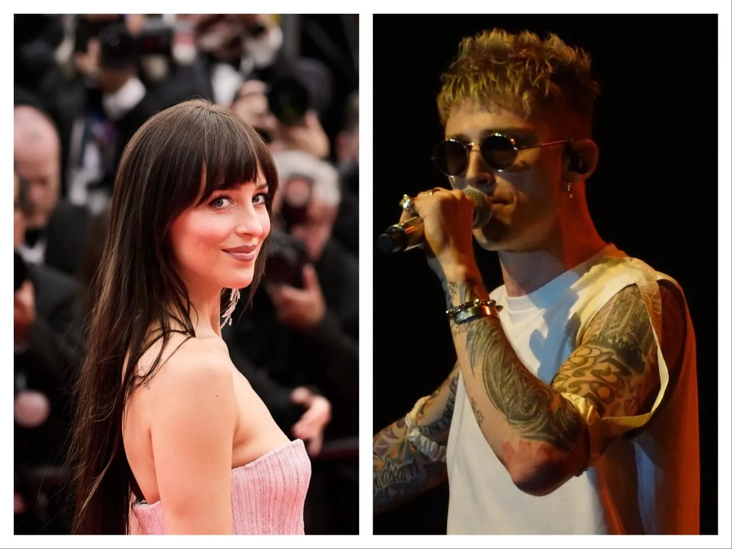 Dakota Johnson wears a pink strapless dress. Machine Gun Kelly wears a white tank top and sunglasses. He holds a microphone.