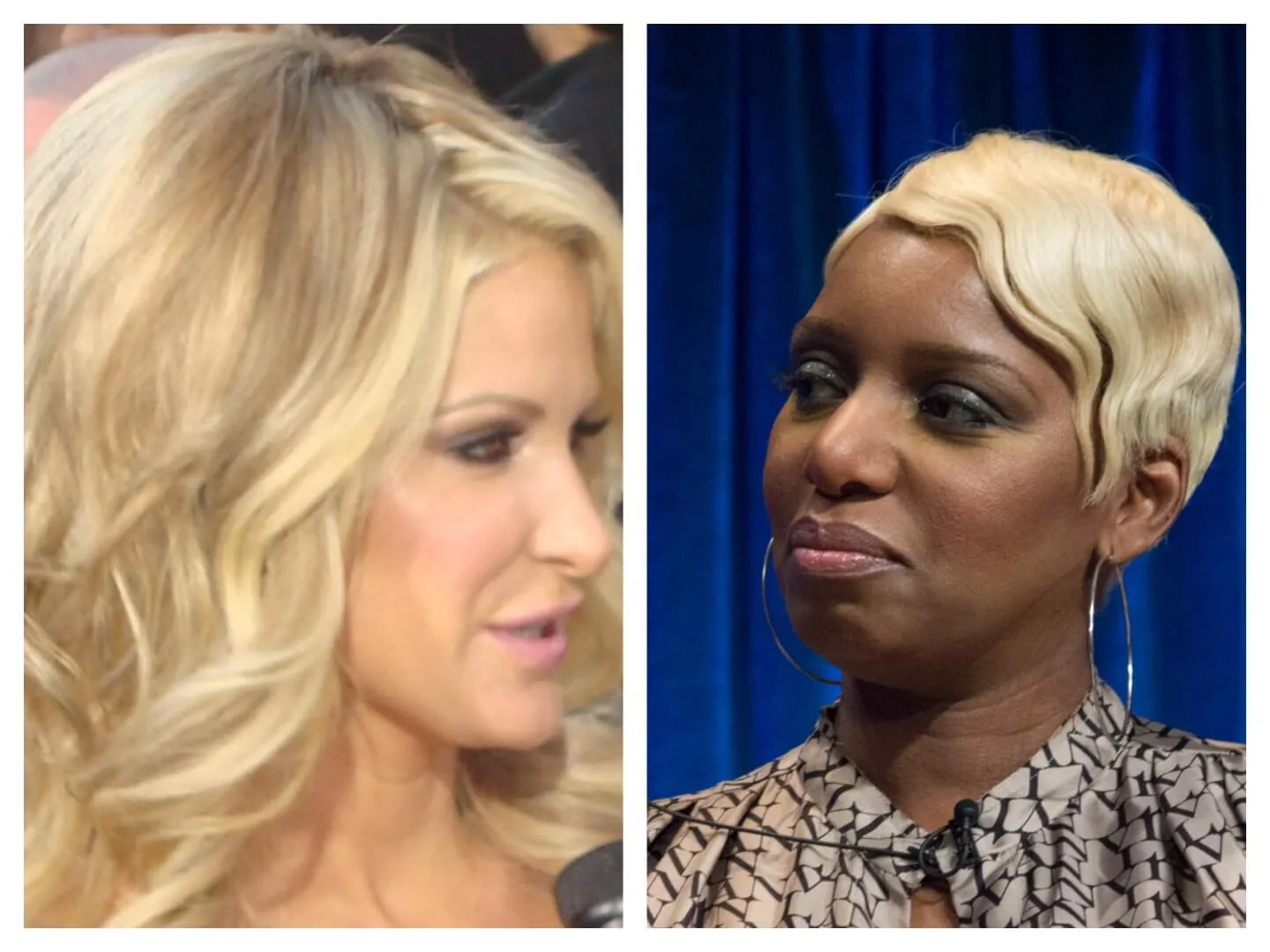Kim Zolciak is in profile. NeNe Leakes sits in front of a blue curtain.