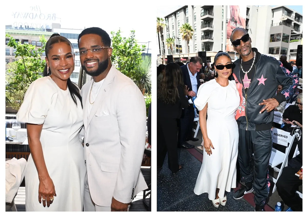 Side by side photos of Nia Long posing with Larenz Tate (both in white), and Nia Long posing with Snoop Dogg
