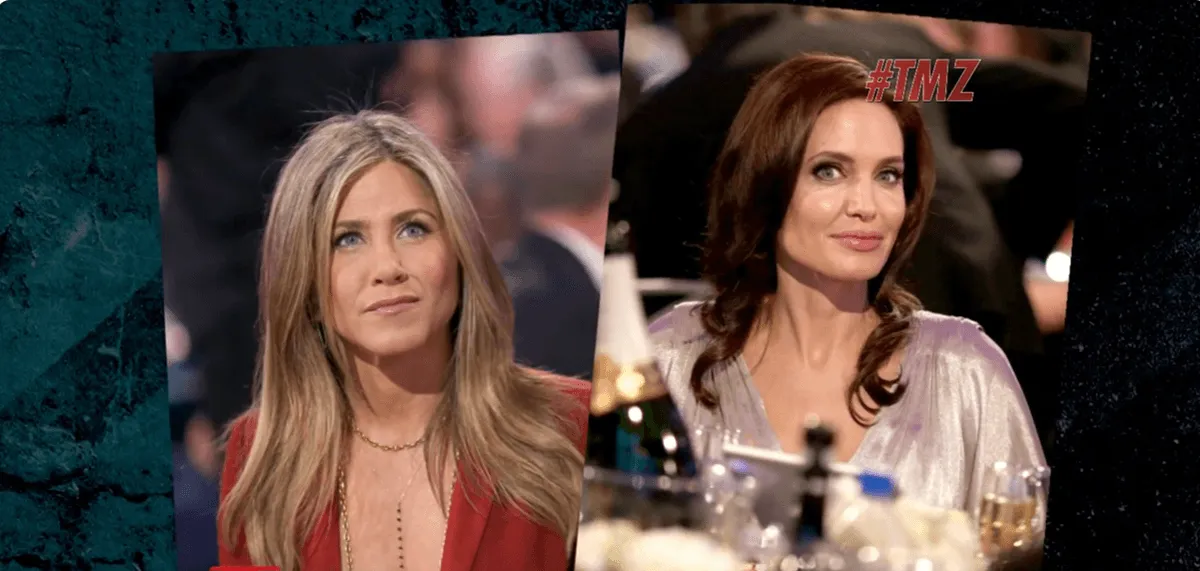 Split screenshot of Jennifer Aniston and Brad Pitt