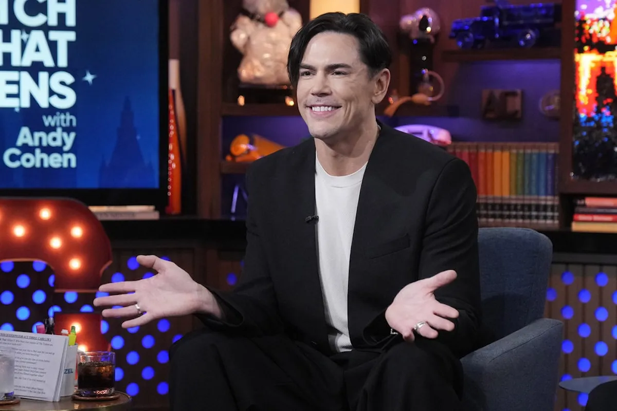 Tom Sandoval gesturing with open hands on 'Watch What Happens Live'