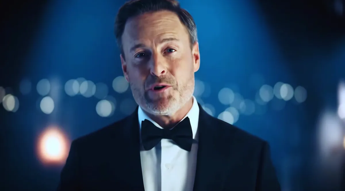 Screenshot of 'The Vow' host Chris Harrison in a tux