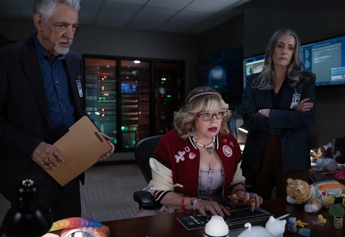 Shocked Garcia looks at computer screen as Rossi and Prentiss look on in 'Criminal Minds' Season 20