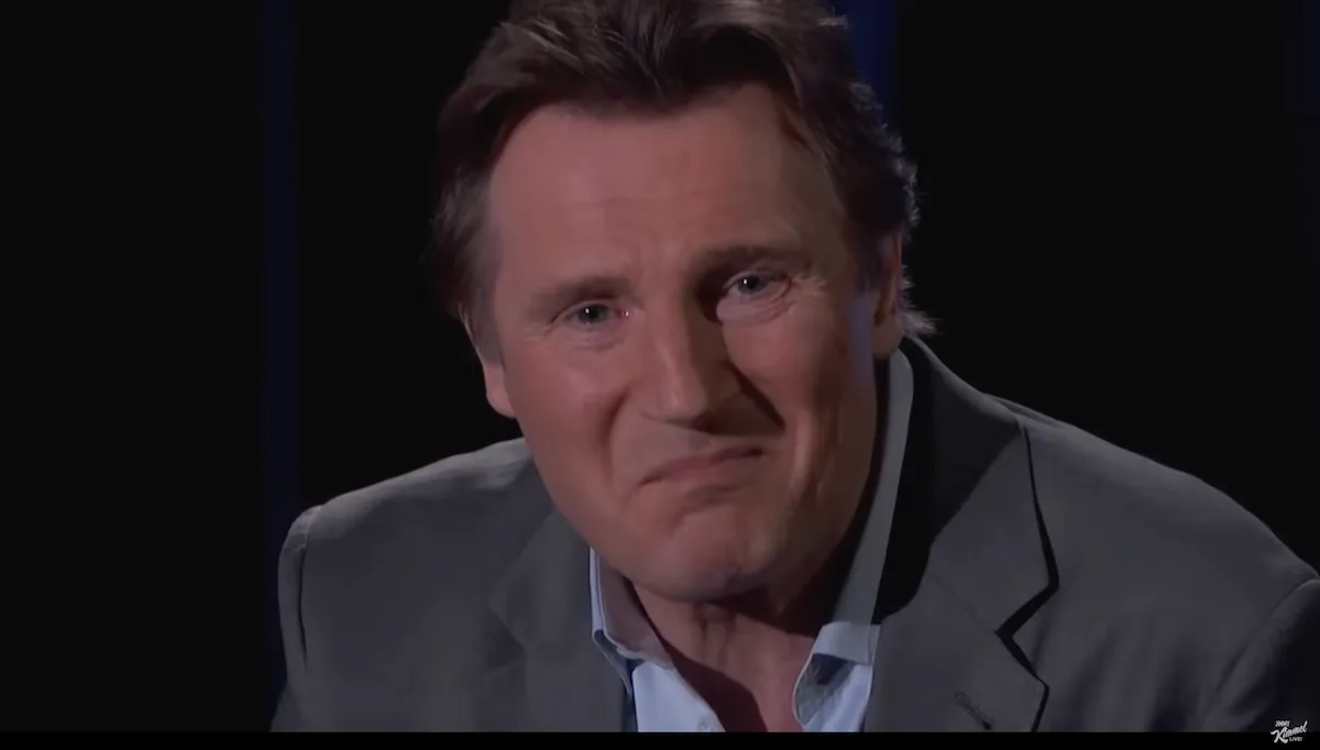 Liam Neeson making an angry face during an appearance on 'Jimmy Kimmel Live'