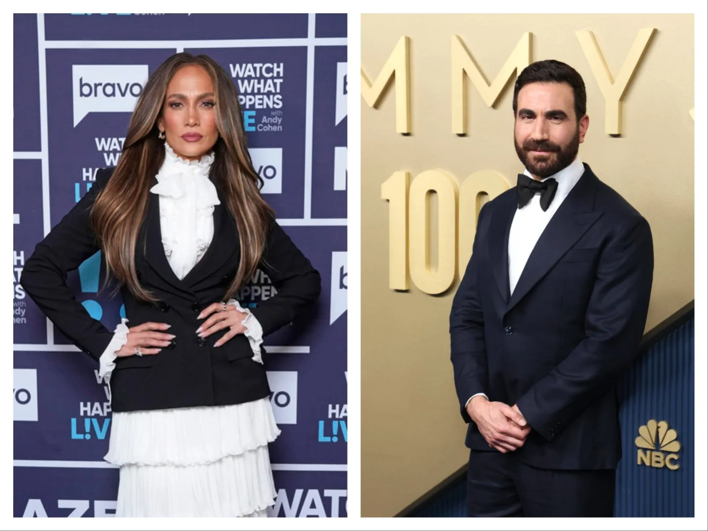 Jennifer Lopez wears a black and white dress and stands with her hands on her hips. Brett Goldstein wears a tuxedo.