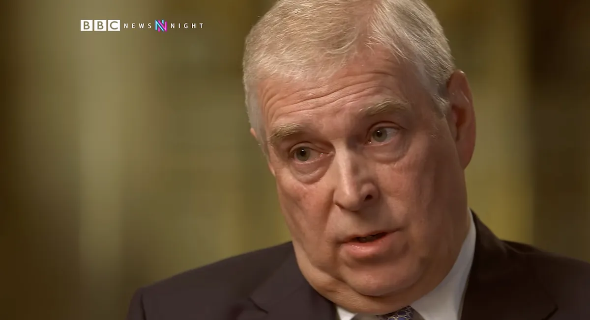 Prince Andrew looking downward during his BBC Newsnight Interview