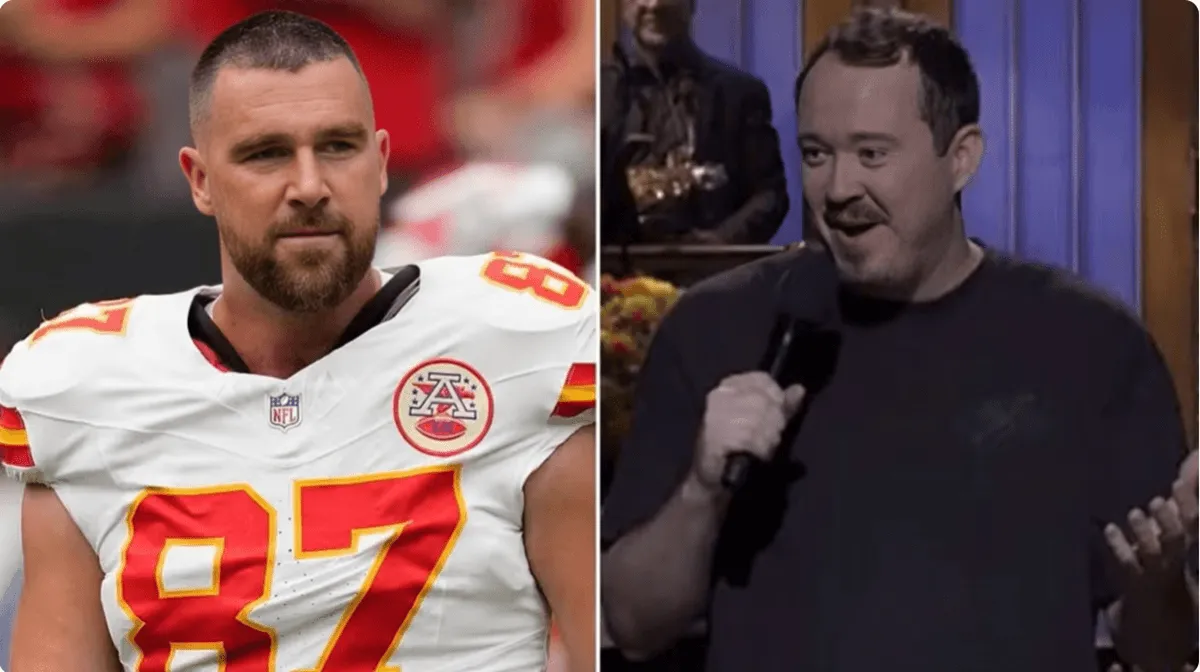 Side-by-side screenshot of Travis Kelce and Shane Gillis