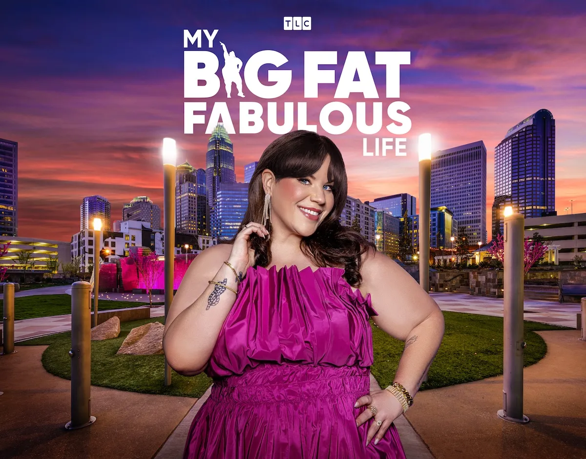 Key Art for 'My Big Fat Fabulous Life' featuring Whitney Way Thore in front of the Charlotte skyline